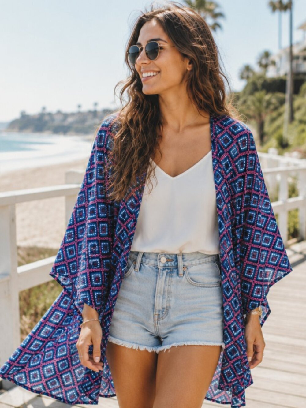 LuLaRoe Kimono M Sheer Geometric Flowy Spring Layer Colorful Blue Pink Green